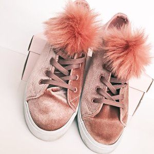 JUST FAB Blush Velvet Sneakers w fur Pom Poms